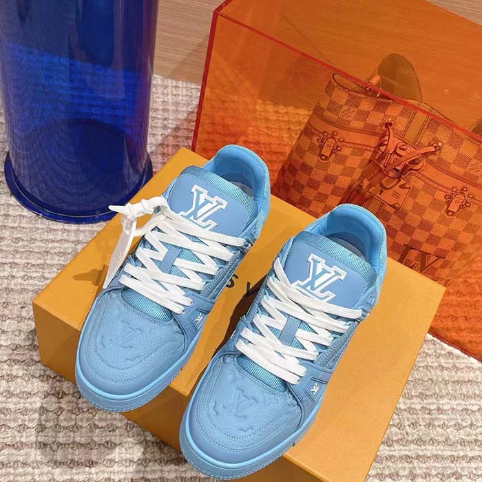 Louis Vuitton Unisex LV Trainer Sneaker Blue Monogram-Embossed Grained Calf Leather