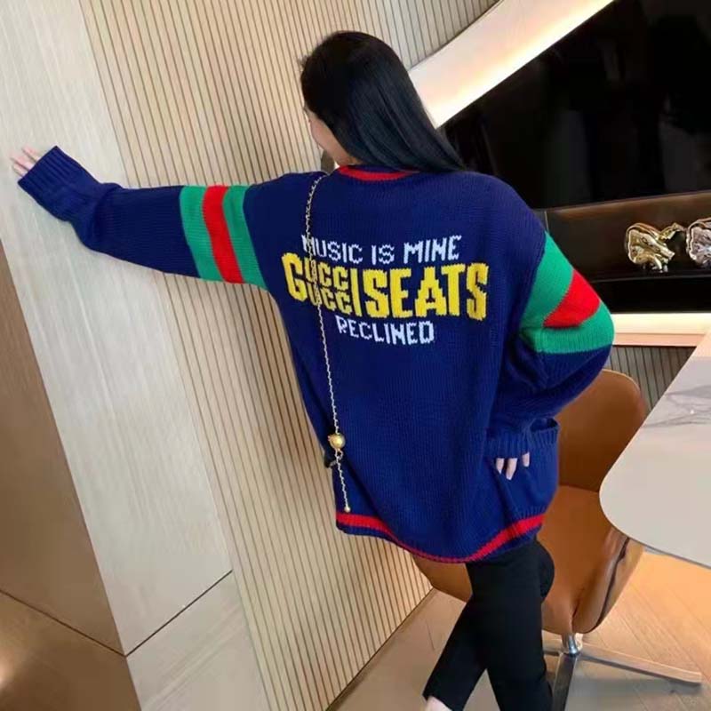 Gucci Women Gucci 100 Wool Cardigan Blue Wool Green Red V-Neck