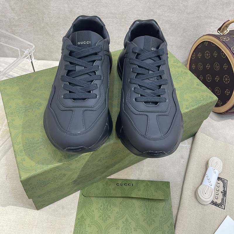Gucci Unisex GG Rhyton Sneaker Black Leather Rubber Sole Low Heel
