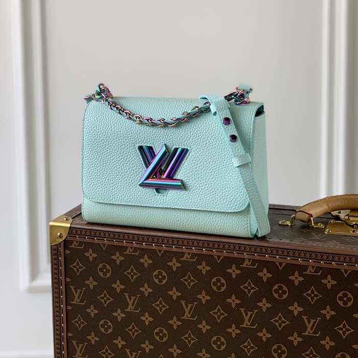 Louis Vuitton LV Women Twist MM Handbag Blue Grained Calfskin Leather