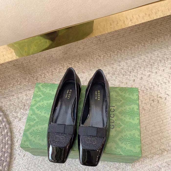 Gucci Women Ballet Flats GG Canvas Black Patent Leather Bow Sole Square Toe