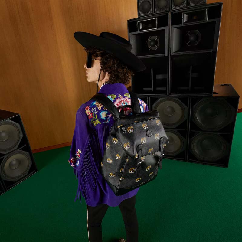 Gucci Unisex GG Medium Backpack Tiger Print Black GG Supreme Canvas