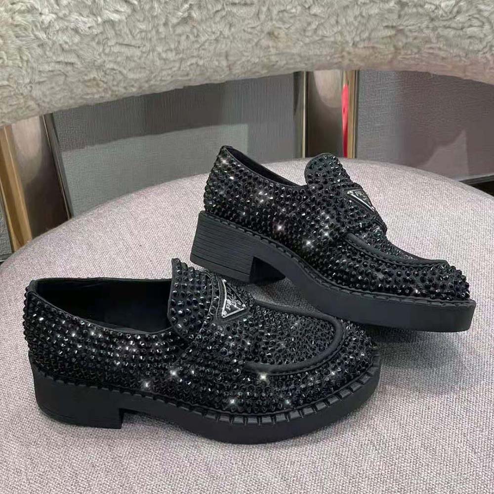 Prada Women Chocolate Satin Loafers with Crystals-Black
