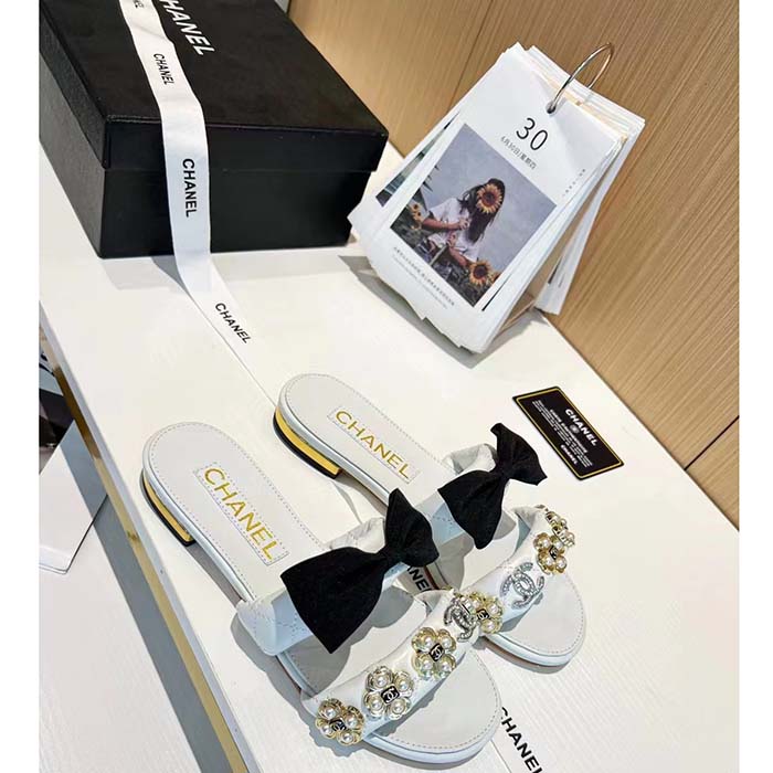 Chanel Women Mules Lambskin White Black 1.5 Cm Heel