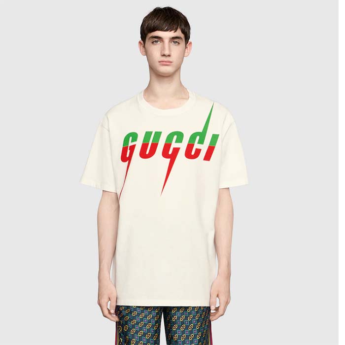 Gucci Men GG T-Shirt Gucci Blade Print White Cotton Jersey Crewneck