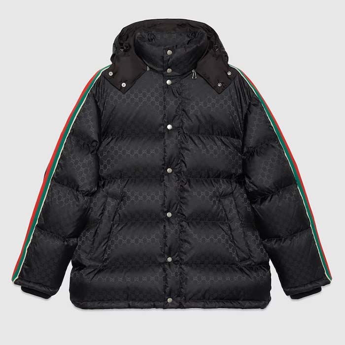 Gucci Women GG Nylon Jacquard Jacket Web Black Stripe Lined Fixed Hood Rib Cuffs
