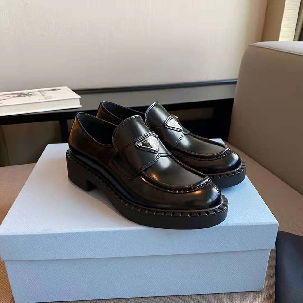 Prada Women Brushed Leather Loafers-Black
