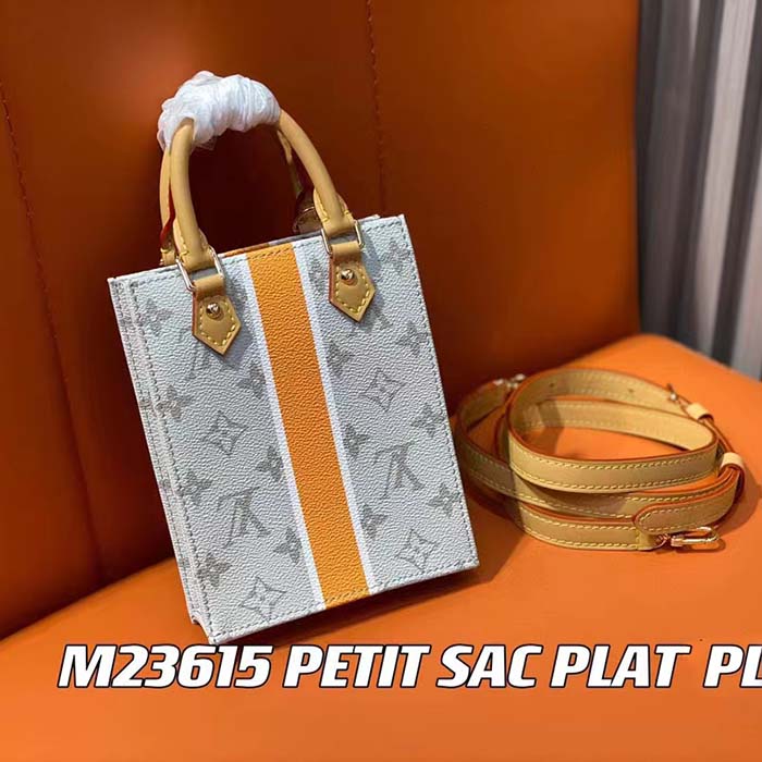 Louis Vuitton LV Unisex Petit Sac Plat Bag Beige Ocher Monopaname Coated Canvas Cowhide Leather