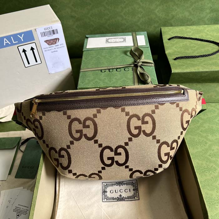 Gucci Unisex GG Jumbo GG Belt Bag Camel Ebony Canvas Zip Closure