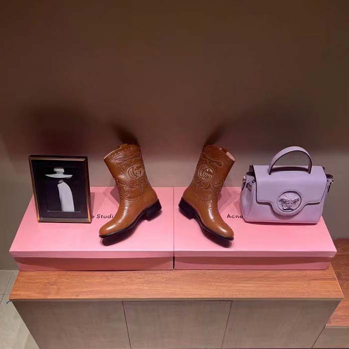 Gucci Women GG Boot Double G Embroidery Studs Brown Leather Low 3.6 CM Heel