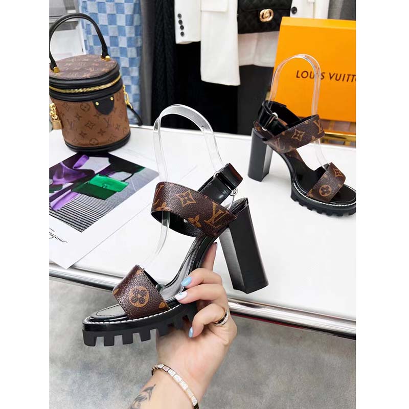 Louis Vuitton LV Women Star Trail Sandal Black Calf Leather Patent Monogram Canvas 9.5 cm Heel
