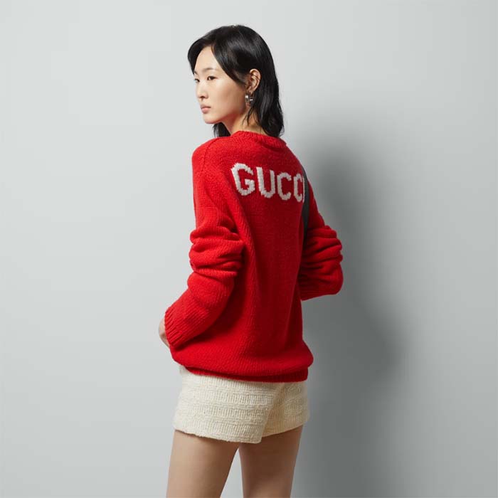 Gucci Women GG Red Wool Top Gucci Intarsia Crewneck Dropped Shoulder Long Sleeves