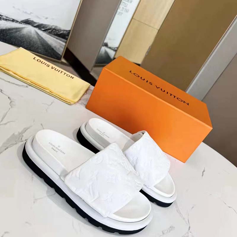 Louis Vuitton LV Unisex Pool Pillow Flat Comfort Mule White Monogram Embossed Lambskin