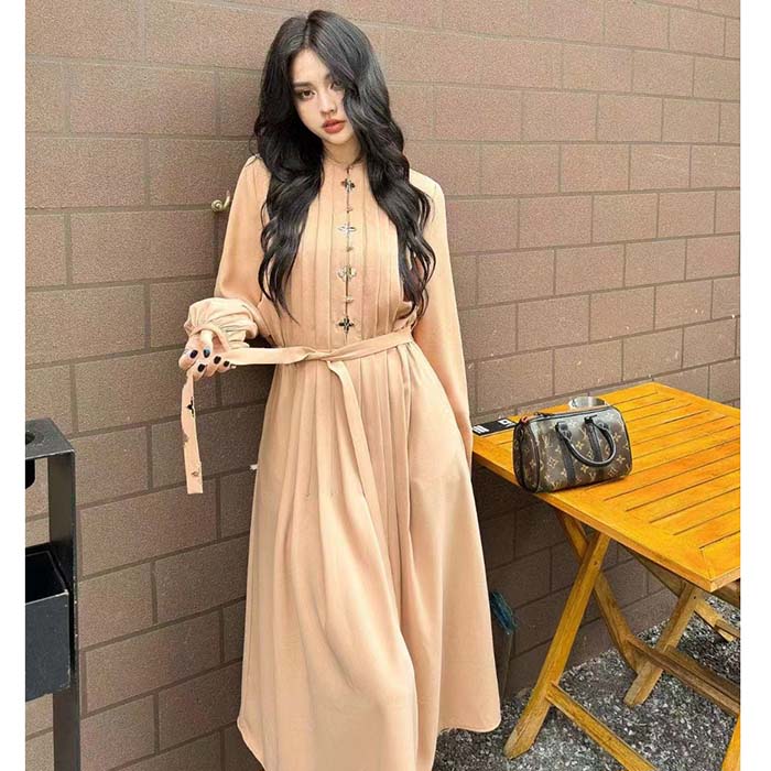 Louis Vuitton LV Women Monogram Accent Pleat Dress Silk Beige 1AFEVC