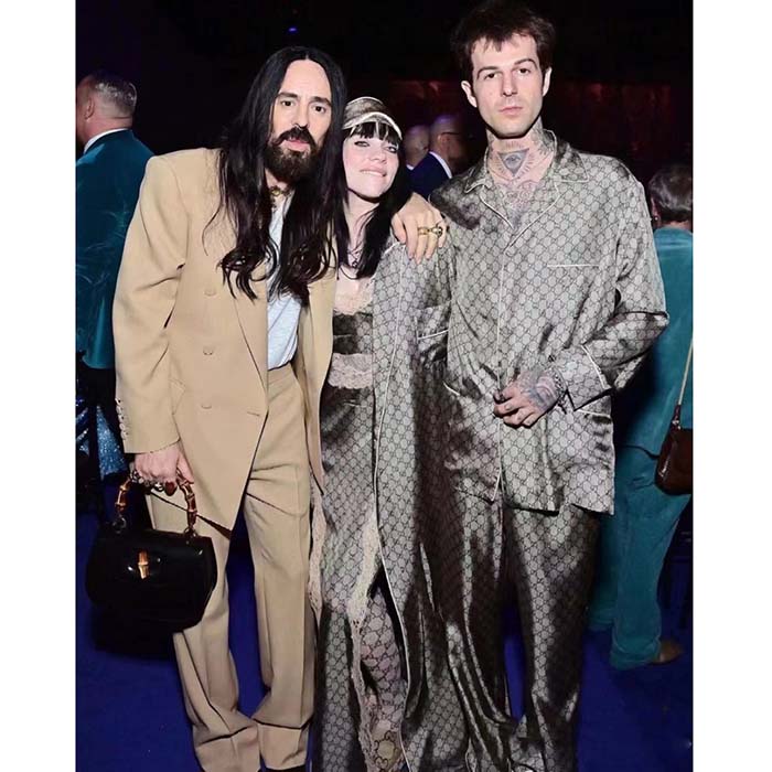 Gucci Women GG Supreme Silk Pant Beige Ebony Piped Unlined Elastic Waist Two Side Pockets Wide Leg