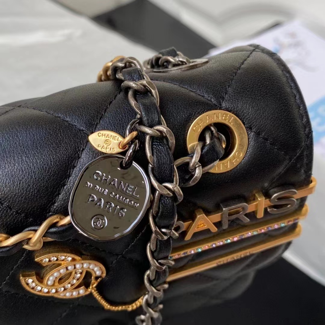 Chanel Women Small Flap Bag Black Lambskin Glass Pearls Strass Gold Silver