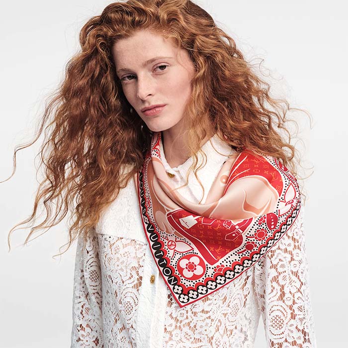 Louis Vuitton LV Women Precious Rabbit Square 70 Red Silk-Screen Print Monogram Flowers