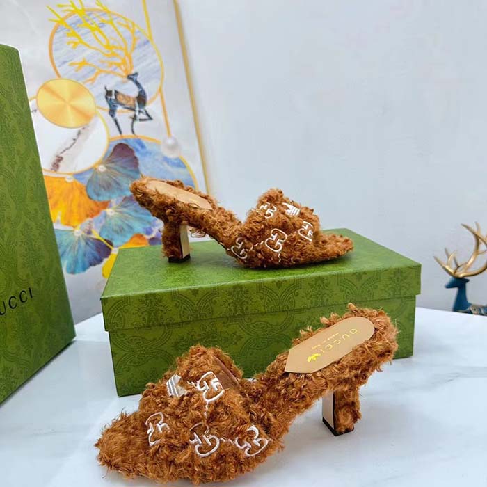 Gucci Women Adidas x Gucci Slide Sandal Brown GG Trefoil Shearling-Effect Fabric