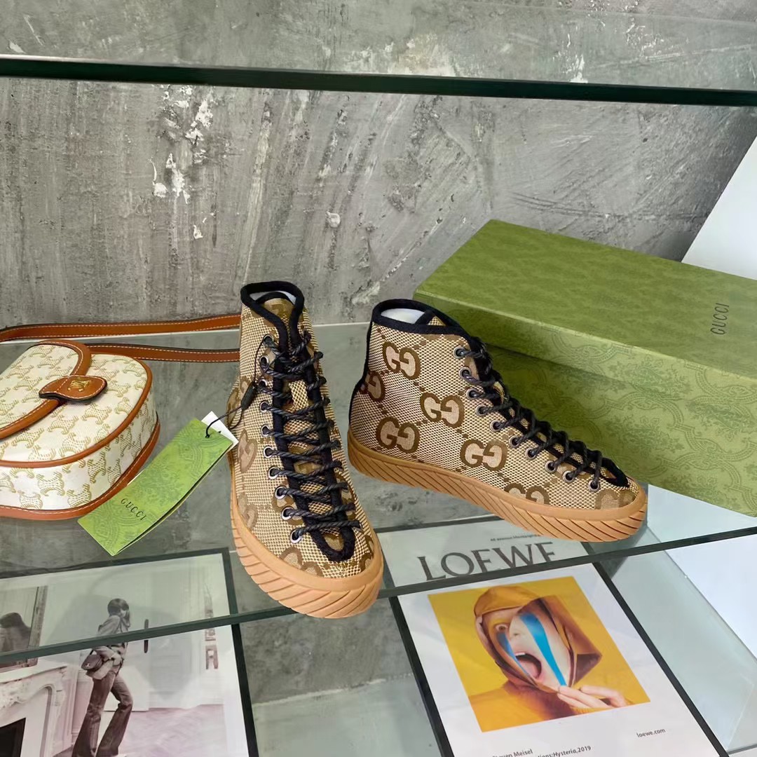 Gucci Unisex High-Top Maxi GG Sneaker Camel Ebony Canvas Low 3 Cm Heel