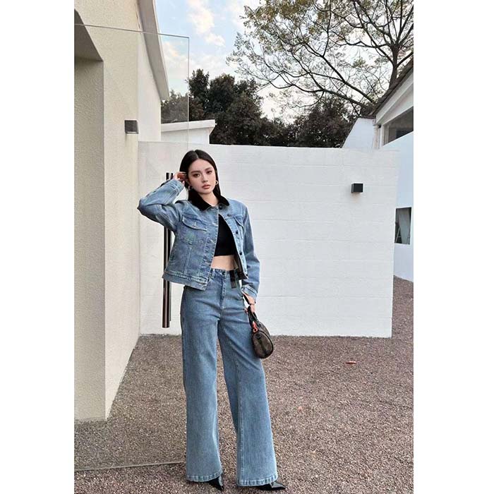 Louis Vuitton Women LV Wide-Leg Graphic Accent Jeans Cotton Blue Regular Fit 1AFFWE