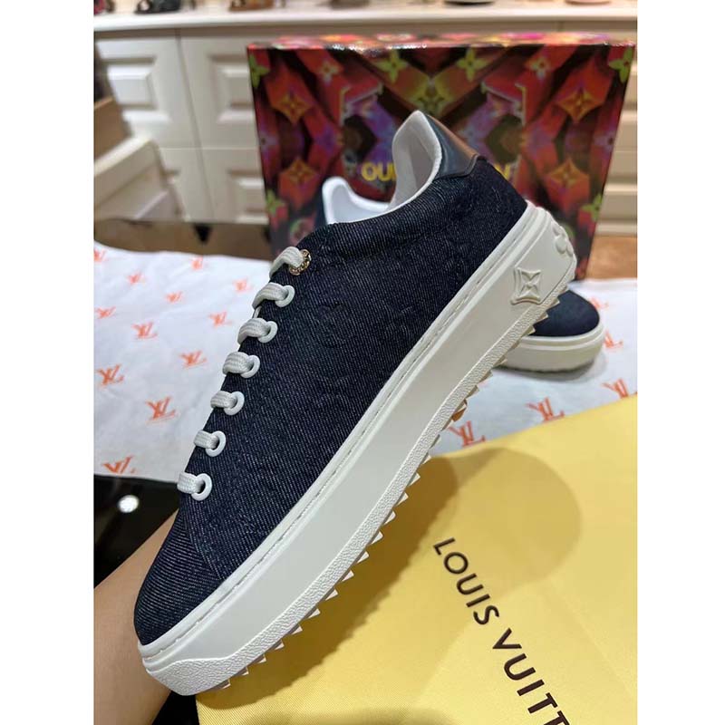 Louis Vuitton LV Unisex Time Out Sneaker Blue Monogram Debossed Denim
