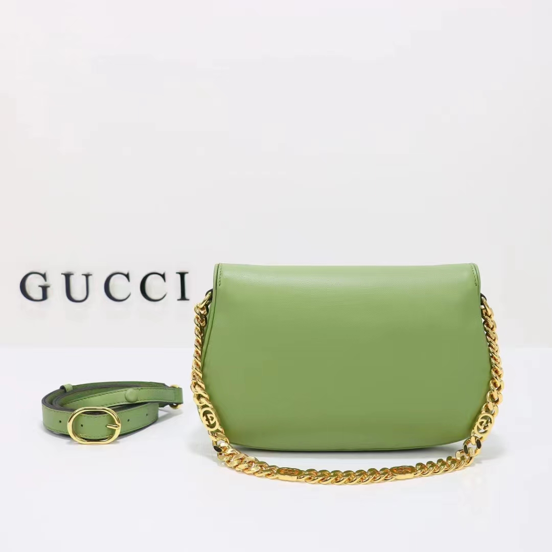 Gucci Women GG Blondie Shoulder Bag Green Leather Round Interlocking G