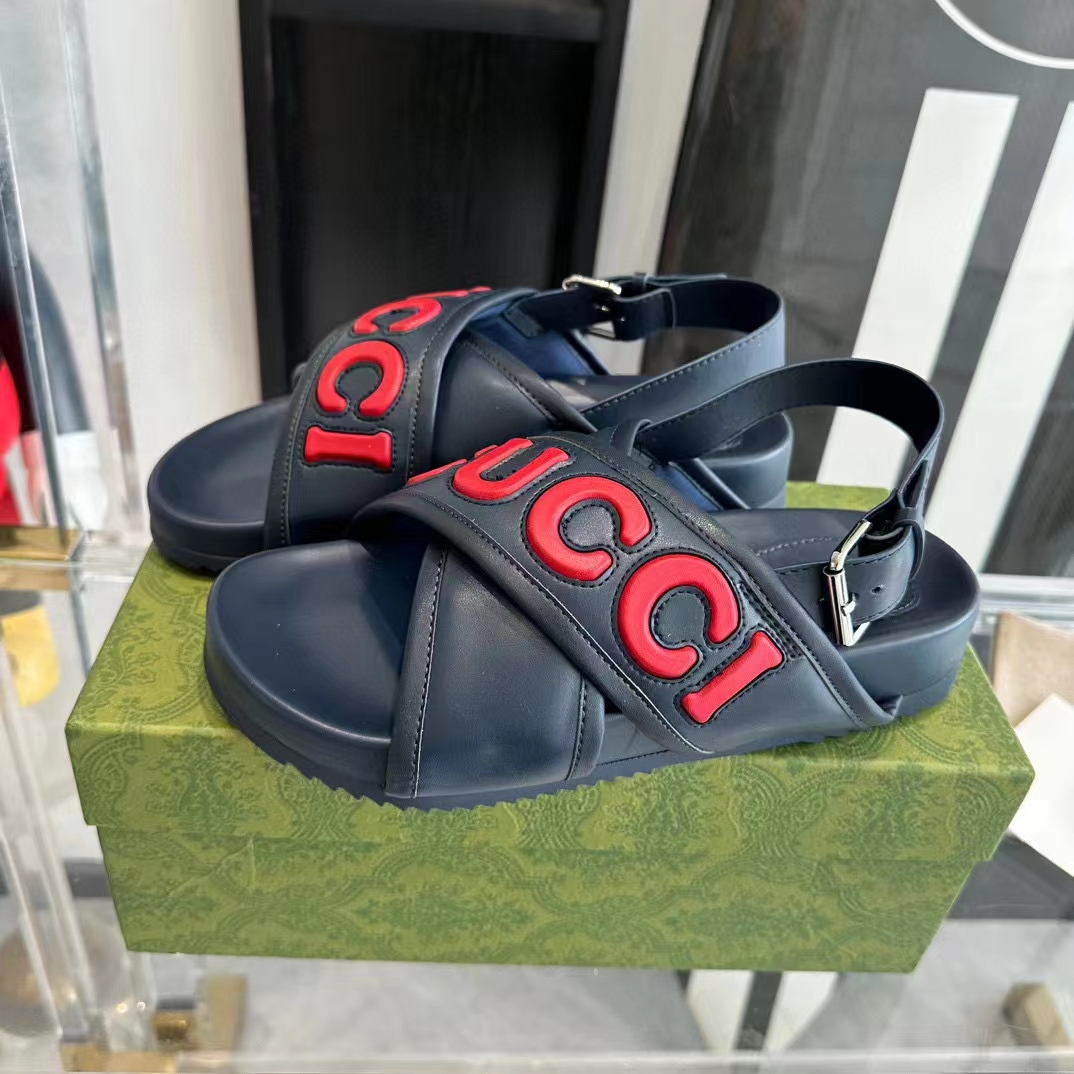 Gucci Unisex GG Gucci Sandal Smooth Blue Red Leather Script Rubber Buckle Flat