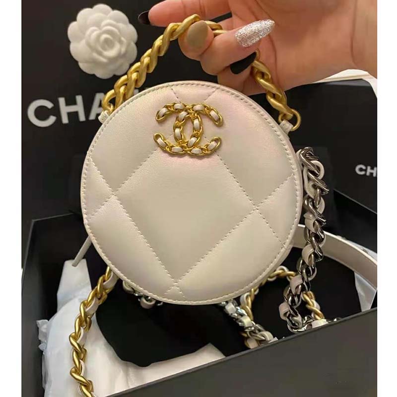 Chanel Women Chanel 19 Clutch with Chain Lambskin Gold Silver-Tone Ruthenium White