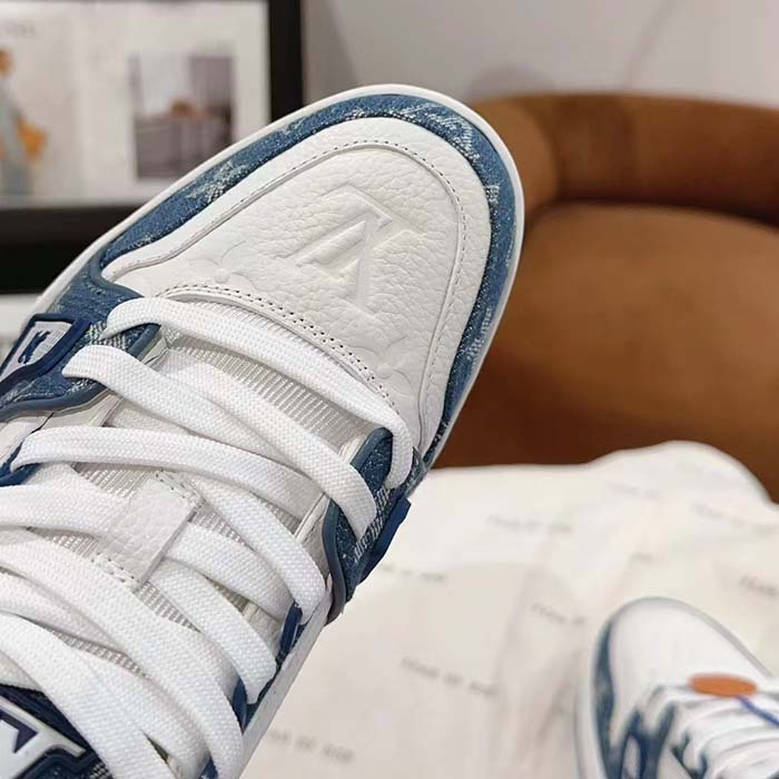 Louis Vuitton Unisex LV Trainer Sneaker Blue Monogram Denim Monogram-Embossed Grained Calf Leather
