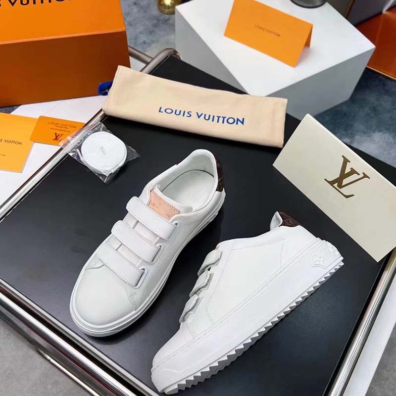 Louis Vuitton LV Unisex Time Out Sneaker White Calf Leather Monogram Canvas