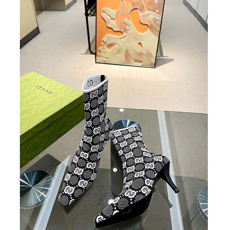 Gucci Women GG Knit Ankle Boots Black White GG Technical Fabric Leather Mid-Heel