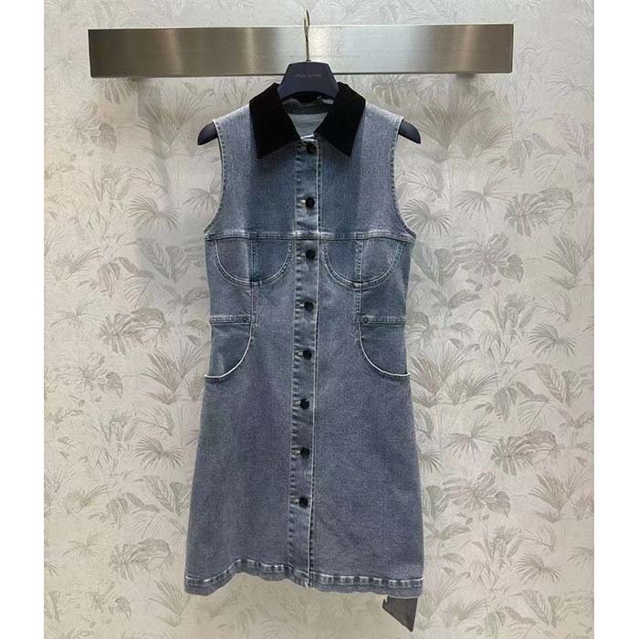 Louis Vuitton Women LV Velvet Accent Denim Dress Cotton Blue Regular Fit 1AFDDN