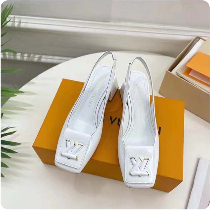Louis Vuitton LV Women Shake Slingback Pump White Patent Calf Leather Lambskin 5.5 Cm Heel