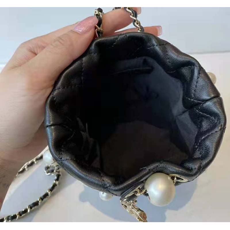 Chanel Women Mini Drawstring Bag Lambskin Imitation Pearls & Gold-Tone Metal Black