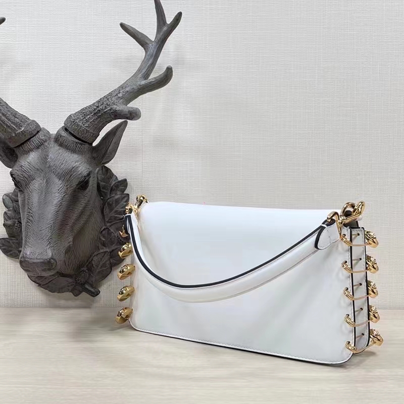 Fendi Women FF Baguette Brooch Fendace White Leather Bag