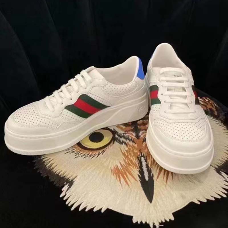 Gucci Unisex Sneaker Web White Leather Green Red Web Lace Up Flat