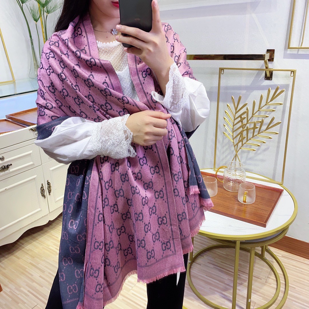 Gucci Women GG Wool Scarf Graphite Pink GG Fringe Edges