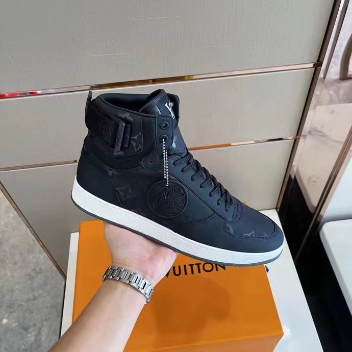 Louis Vuitton LV Unisex Rivoli Sneaker Boot Black Calf Leather Monogram Metallic Canvas