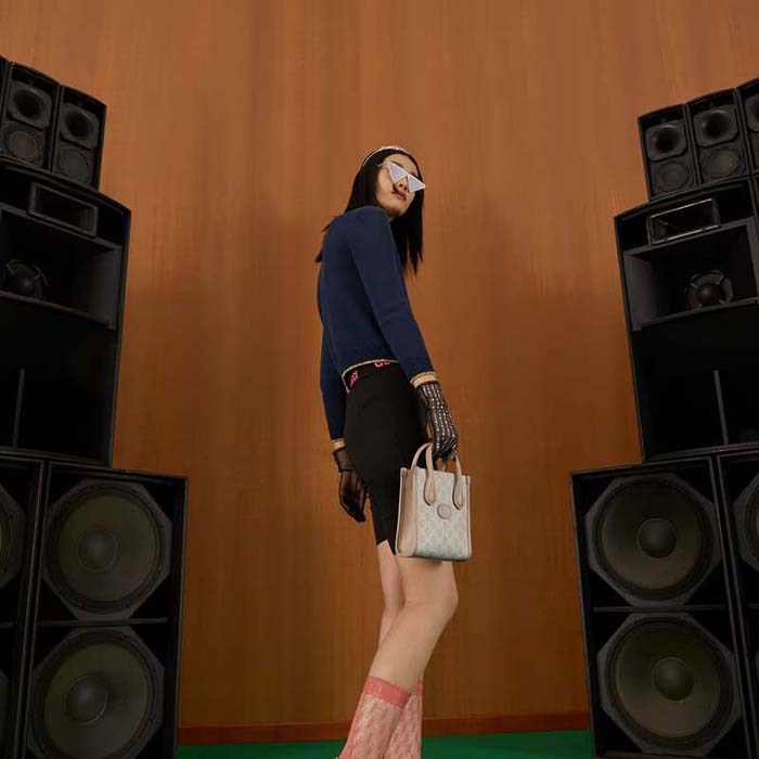 Gucci Unisex Mini Tote Bag Interlocking G Beige White GG Supreme Canvas