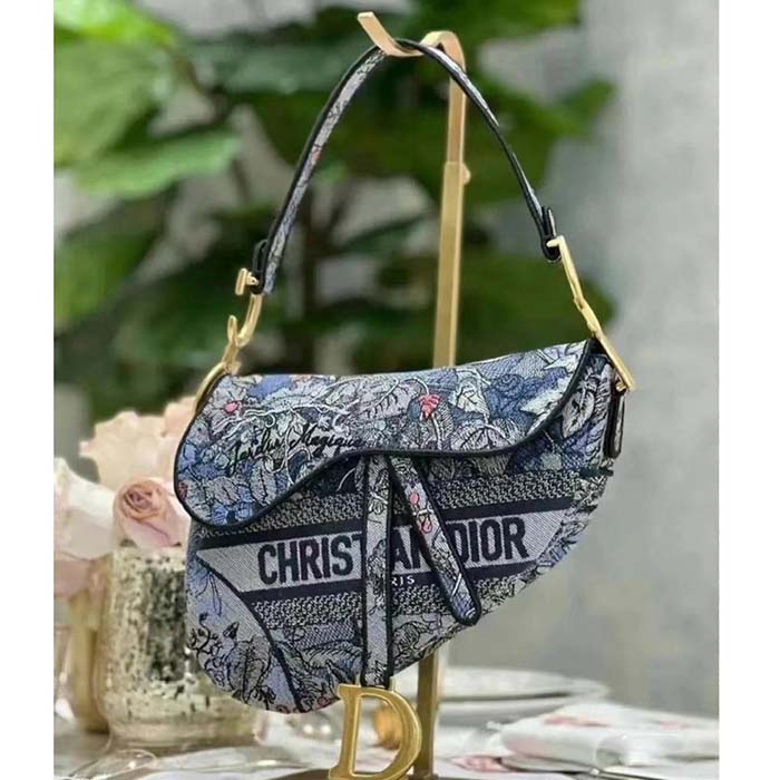 Dior Women CD Saddle Bag Denim Multicolor Dior Jardin Magique Embroidery
