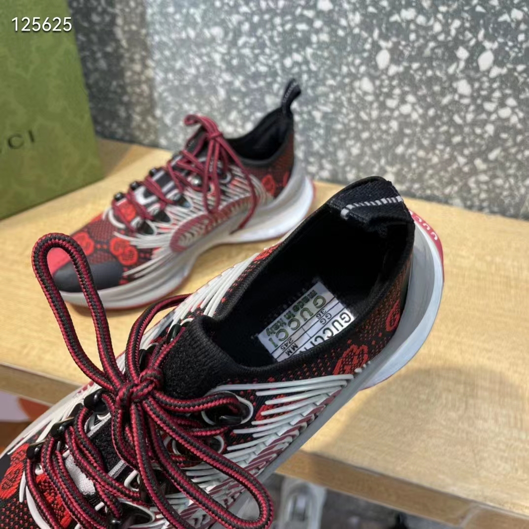 Gucci Unisex Run Sneaker Black Red GG Technical Knit Fabric Interlocking G Rubber