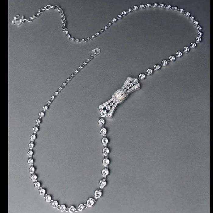 Chanel Women CC Belt Metal Strass Imitation Pearls Silver Crystal Pearly White