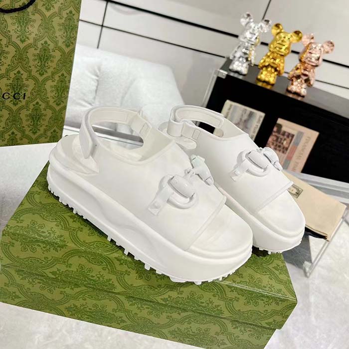 Gucci Women GG Horsebit Flatform Sandal White Rubber Plastic Horsebit Velcro Strap Closure