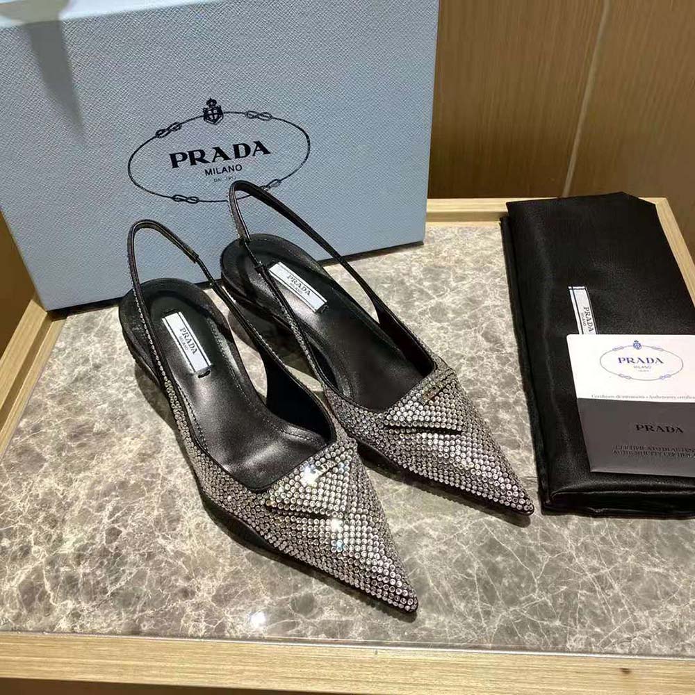 Prada Women Satin Sling-Back Pumps with Crystals-Black