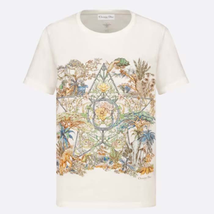 Dior Men CD T-Shirt White Cotton Linen Jersey Multicolor Étoile De Voyage Motif
