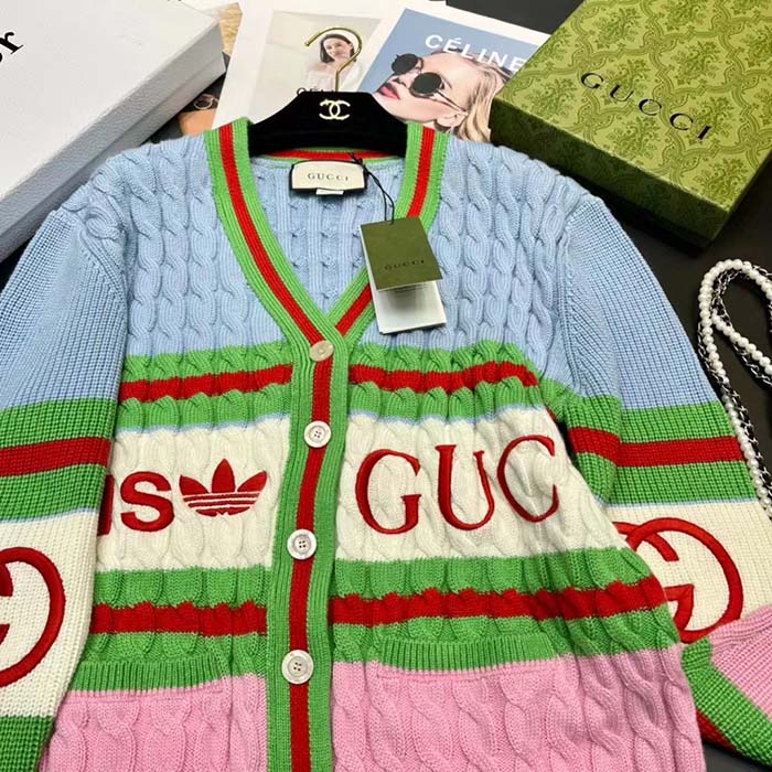 Gucci Men GG Adidas x Gucci Wool Cardigan Pink Blue Cable Stitch V-Neck