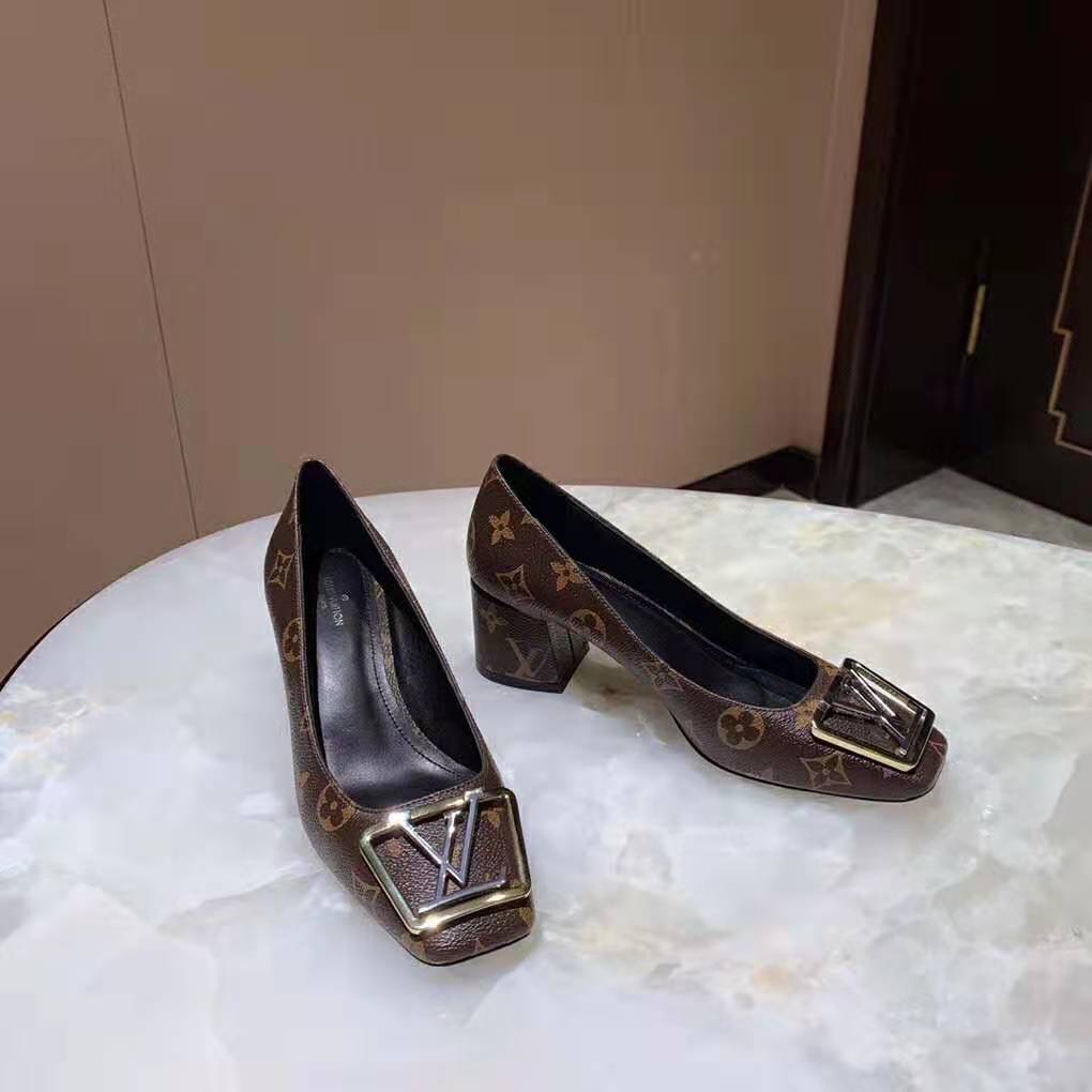 Louis Vuitton LV Women Madeleine Pump in Patent Monogram Canvas and Leather 7.5 cm Heel-Brown