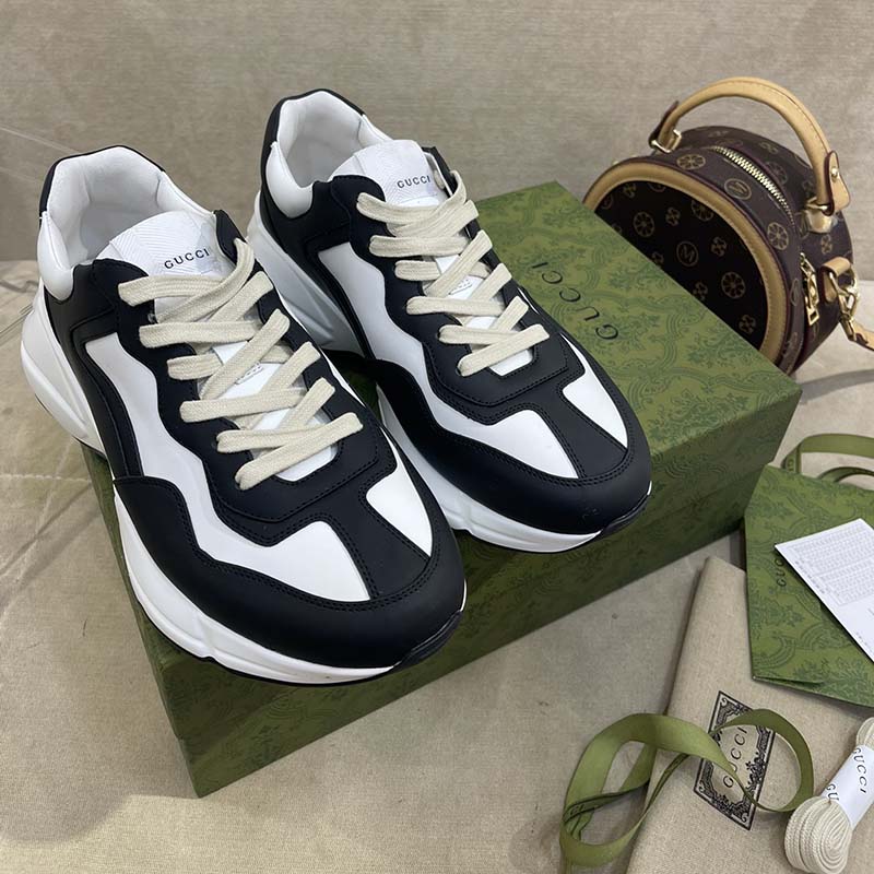 Gucci Unisex GG Rhyton Sneaker Black White Leather Rubber Sole 5 Cm Low Heel