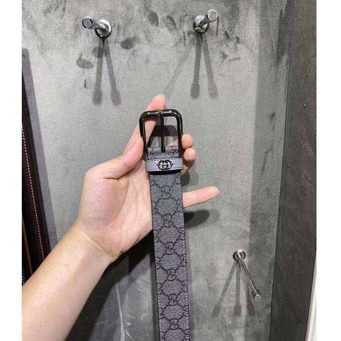 Gucci GG Unisex Belt Interlockig G Grey Black GG Supreme Canvas Leather Square Buckle
