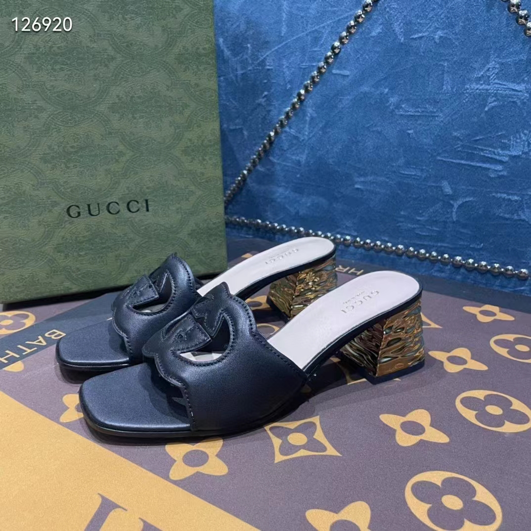 Gucci Women Interlocking G Cut-Out Sandal Black Leather Mid-Heel 5 cm Heel